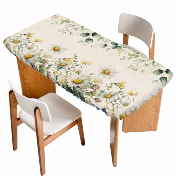 Flowers Eucalyptus Table Cloths for 3 Foot Rectangle Tables, Vintage Country Botanical Floral Leaves Patio Waterproof Elastic Fitted Tablecloths, Washable Rectangular Table Cover for Camping