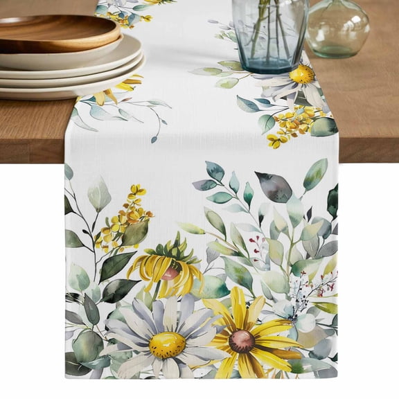 Flowers Eucalyptus Table Runner, Rustic Botanical Daisy Leaves Floral Washable Cotton Linen Table Runners 36 Inches Long, Dresser Scarf Runner for Nightstand/End Tables/Round Tables 13''x36''