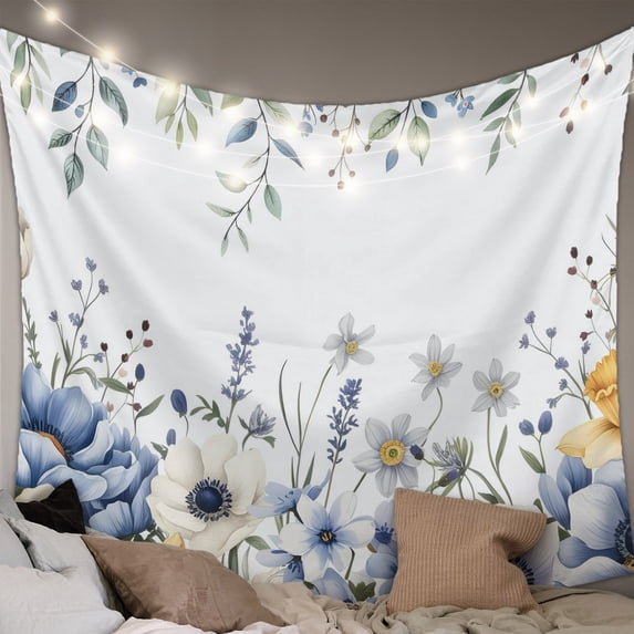 Flowers Eucalyptus Tapestry for Bedroom Wall Hanging Tapestry, Watercolor Botanical Floral Leaves Ceiling Backdrop Tapestries Poster Blanket Wall Decor for Teens Room Living Room Dorm 55" x 73"