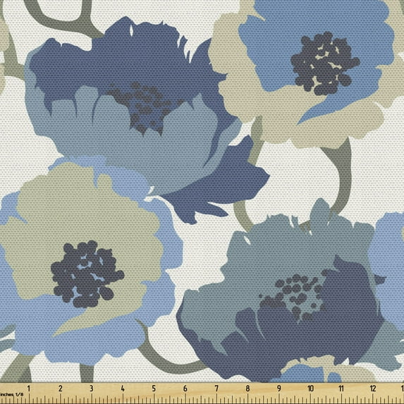 Ambesonne Flowers Fabric by the Yard Upholstery, Blossoming Graphic Pattern, 1 Yard, Slate Blue Beige