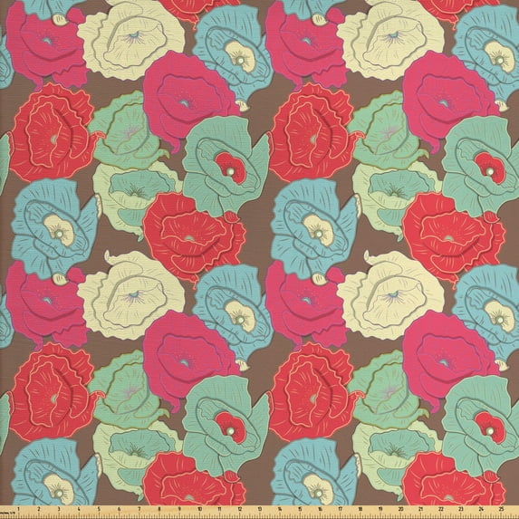 Ambesonne Flowers Fabric by the Yard Upholstery, Multicolored Poppy Blossoms, 3 Yards, Dark Coral Multicolor