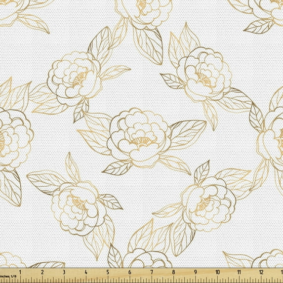 Ambesonne Flowers Fabric by the Yard Upholstery, Ombre Roses Along Leaves, 2 Yards, Pale Orange