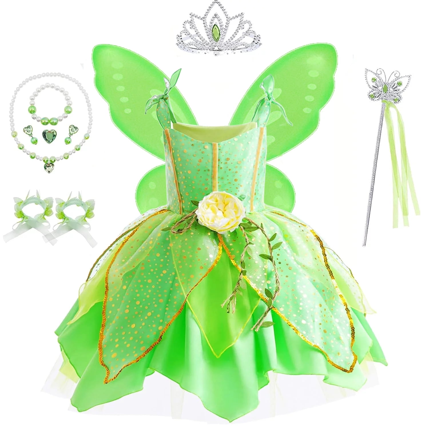 Mavlly Flowers Fairy Costume Princess Dress Up Set for Girls Tinker Bell Toddler Cosplay Clothes Dress with Wing Set, Toddler Girl's, Green