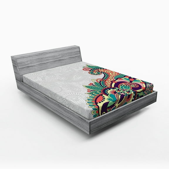 Flowers Fitted Sheet, Floral Background with Branches in Tribal Style Paisley Pattern Print, Soft Decorative Fabric Bedding, Queen Size, Pale Grey Jade Green, by Ambesonne