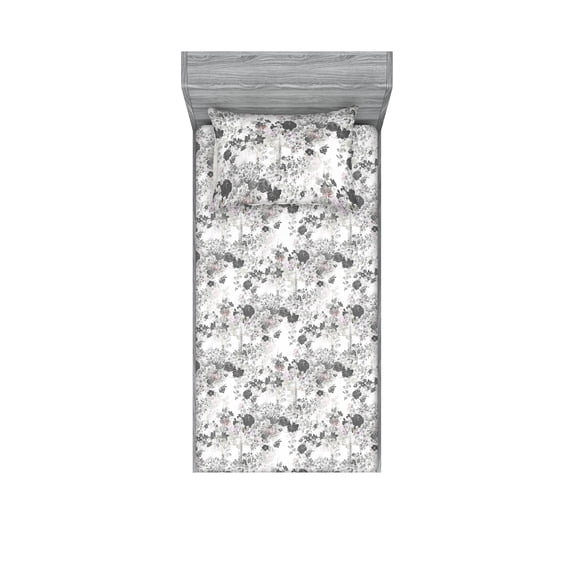 Flowers Fitted Sheet & Pillow Sham Set, Achromatic Tones of Vintage Wild Roses and Meadow Floral Blooms Pattern, Decorative Printed 2 Piece Bedding Decor, Twinxl, Dimgray and Soft Pink, by Ambesonne