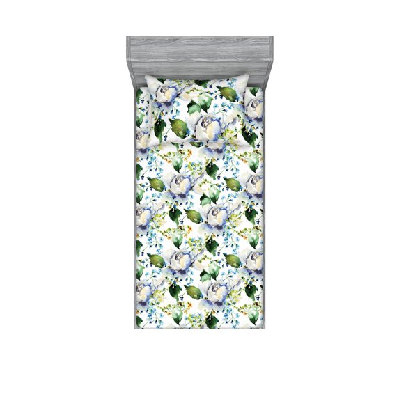 Flowers Fitted Sheet & Pillow Sham Set, Bloom of Wild Florets and Peony Petals Watercolor Illustration, Decorative Printed 2 Piece Bedding Decor, Twinxl, Olive Green Blue and Lavender, by Ambesonne