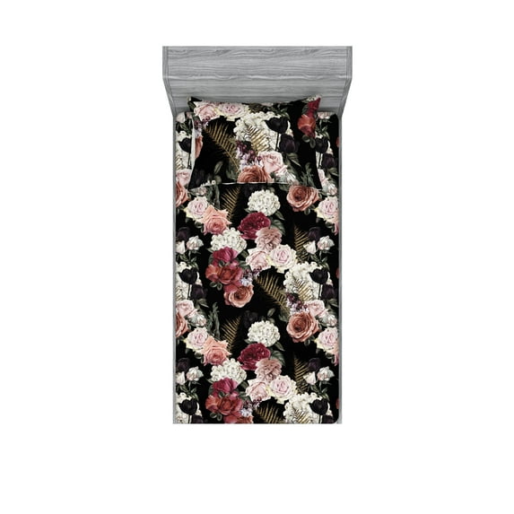 Flowers Fitted Sheet & Pillow Sham Set, Blossoming Roses Detailed Watercolor Painting Romantic Bouquet Fern Leaves, Decorative Printed 2 Piece Bedding Decor, Twinxl, Black Multicolor, by Ambesonne