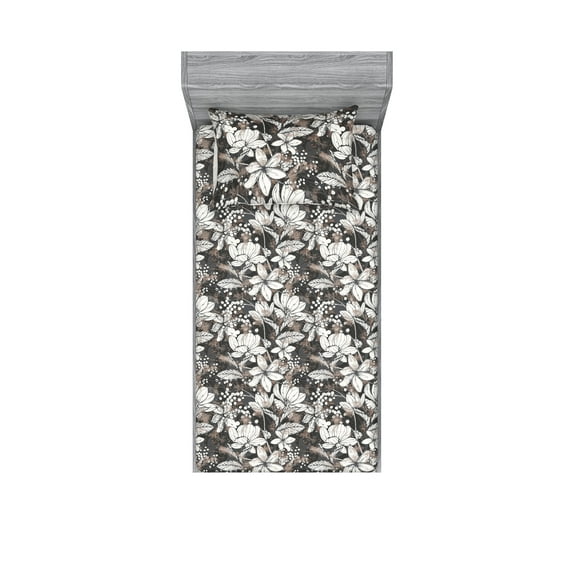 Flowers Fitted Sheet & Pillow Sham Set, Mimosa Frangipani Plumeria and Leaves in Muted Colors Floral Composition, Decorative Printed 2 Piece Bedding Decor, Twin, Warm Taupe Dimgray, by Ambesonne