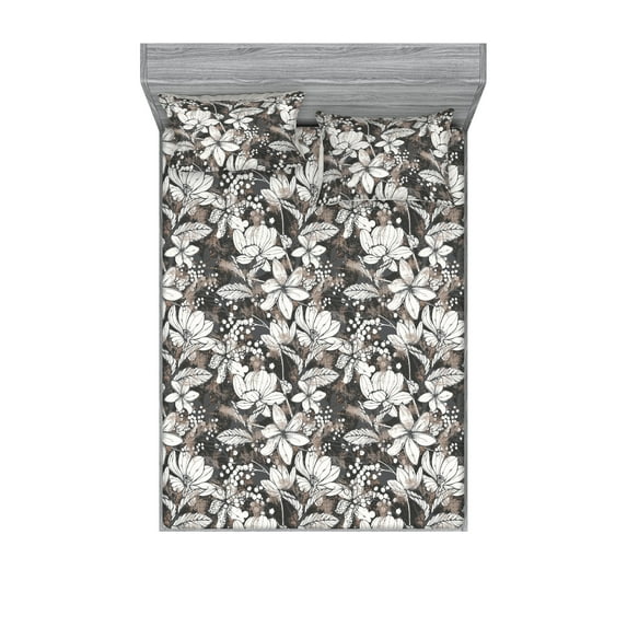 Flowers Fitted Sheet & Pillow Sham Set, Mimosa Frangipani Plumeria and Leaves in Muted Colors Floral Composition, Decorative Printed 3 Piece Bedding Decor, Queen, Warm Taupe Dimgray, by Ambesonne