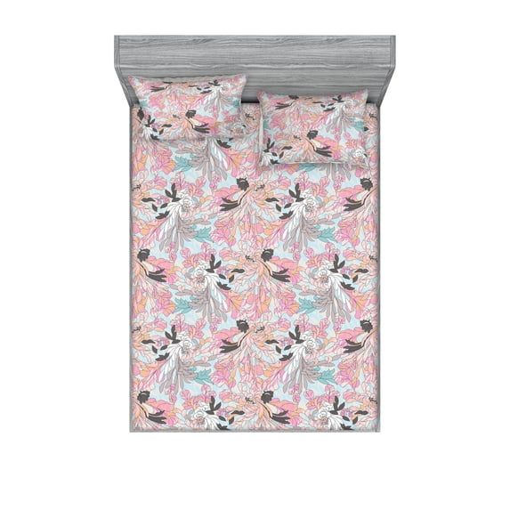 Flowers Fitted Sheet & Pillow Sham Set, Pastel Colors of Wild Asters Floral Ornament Spring Vibes Pattern, Decorative Printed 3 Piece Bedding Decor, Queen, Soft Blue Pale Pink Peach, by Ambesonne