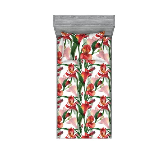 Flowers Fitted Sheet & Pillow Sham Set, Peruvian Lily Ornament Blooming Petals on Blurry Effect Ones Watercolor, Decorative Printed 2 Piece Bedding Decor, Twinxl, Dark Coral and Green, by Ambesonne