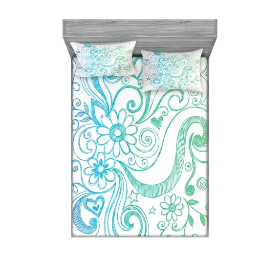 Flowers Fitted Sheet & Pillow Sham Set, Rainbow Colored Ombre Sketch Design with Florals Blossom Ivy Leaves, Decorative Printed 6 Piece Bedding Decor Set, Calking, Turquoise White, by Ambesonne