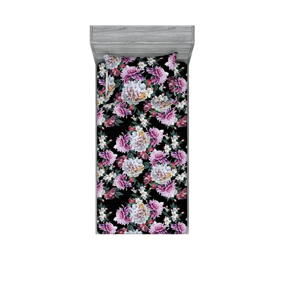 Flowers Fitted Sheet & Pillow Sham Set, Romantic Floral Blooming Wild Bouquet of Love on Dark Backdrop, Decorative Printed 2 Piece Bedding Decor, Twin, Pale Fuchsia Black and Teal, by Ambesonne