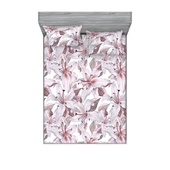 Flowers Fitted Sheet & Pillow Sham Set, Soft Lily Ornament in Pastel Colors Watercolor Design Art Print, Decorative Printed 3 Piece Bedding Decor, Full, Coral Pale Mauve and Dimgray, by Ambesonne