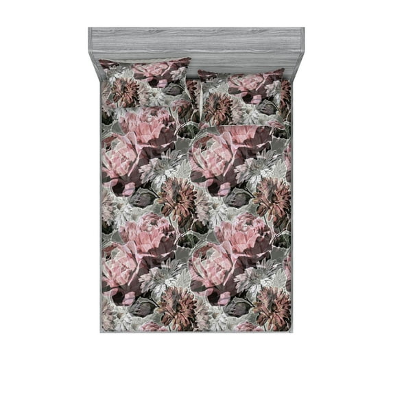 Flowers Fitted Sheet & Pillow Sham Set, Soft Spring Garden of Blooming Roses and Gerbera Floral Concept Design, Decorative Printed 3 Piece Bedding Decor, Full, Dried Rose and Grey, by Ambesonne