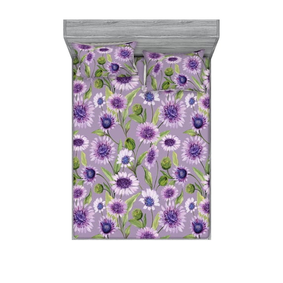 Flowers Fitted Sheet & Pillow Sham Set, Spring Meadow Vibes of Wild Chamomile Blossoms in Lilac Color Palette, Decorative Printed 3 Piece Bedding Decor, Calking, Mauve Purple and Green, by Ambesonne