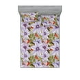 thumbnail image 1 of Flowers Fitted Sheet & Pillow Sham Set, Spring Themed Bold Watercolor Petals Floral Print with Leaves, Decorative Printed 3 Piece Bedding Decor, Calking, Lavender Pale Sepia and Green, by Ambesonne, 1 of 2