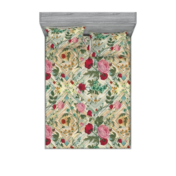 Flowers Fitted Sheet & Pillow Sham Set, Victorian Romantic Meadow of Vintage Floral Blooms on Rhombus Background, Decorative Printed 3 Piece Bedding Decor, King, Pink and Multicolor, by Ambesonne