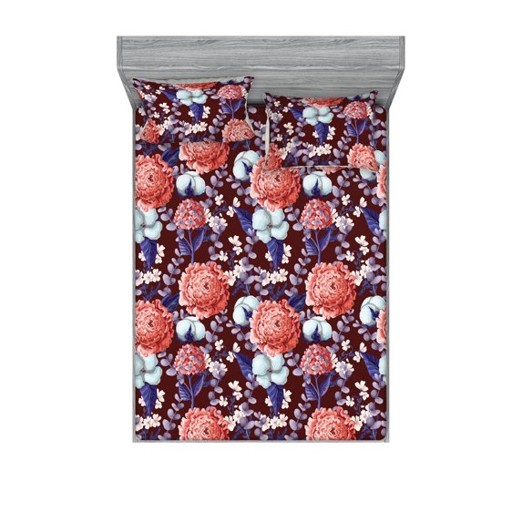 Flowers Fitted Sheet & Pillow Sham Set, Vintage Romantic Themed Hydrangeas Cotton-Flowers and Eucalyptus Branches, Decorative Printed 3 Piece Bedding Decor, Calking, Maroon Mauve Salmon, by Ambesonne