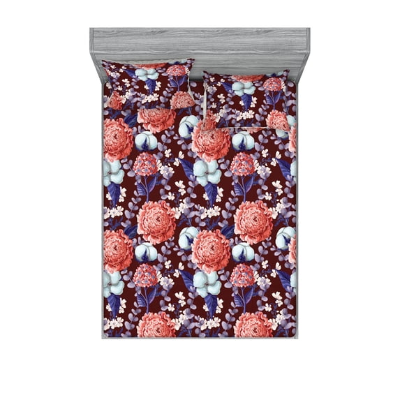Flowers Fitted Sheet & Pillow Sham Set, Vintage Romantic Themed Hydrangeas Cotton-Flowers and Eucalyptus Branches, Decorative Printed 3 Piece Bedding Decor, Queen, Maroon Mauve Salmon, by Ambesonne