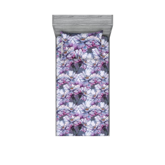 Flowers Fitted Sheet & Pillow Sham Set, Watercolor Blooming Wild Roses Vintage Floral Concept Soft Tones, Decorative Printed 2 Piece Bedding Decor, Twinxl, Purpleblue Lilac and Fuchsia, by Ambesonne