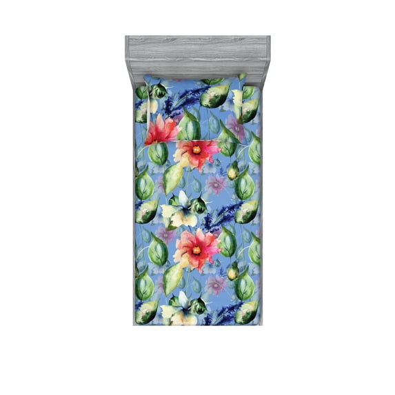 Flowers Fitted Sheet & Pillow Sham Set, Watercolor Design Garden of Blooming Flowers and Leaves Print, Decorative Printed 2 Piece Bedding Decor, Twin, Ceil Blue Dark Pink and Green, by Ambesonne