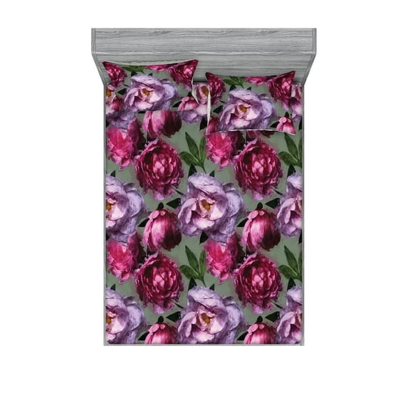 Flowers Fitted Sheet & Pillow Sham Set, Watercolor Design Pattern of Abstract Floral Peony Blossoming, Decorative Printed 3 Piece Bedding Decor, Calking, Mauve Hot Pink and Sage Green, by Ambesonne