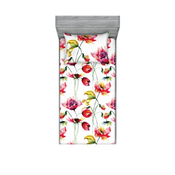 Flowers Fitted Sheet & Pillow Sham Set, Watercolor Look Pattern of Wild Meadow Poppies Nature Lovers Concept, Decorative Printed 2 Piece Bedding Decor, Twinxl, Dark Pink and Mustard, by Ambesonne