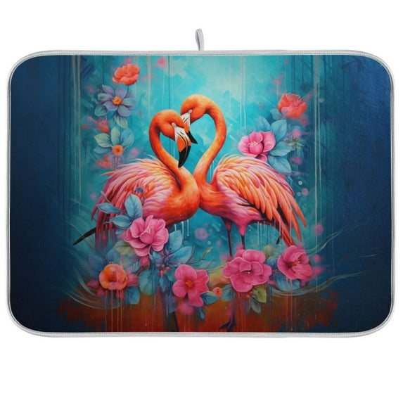 Flowers Flamingo Dish Drying Mat Microfiber Kitchen Pad Large Counter Absorbent Dish Mats Drainer Rack 18"x24"