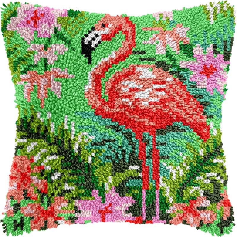 Flowers Flamingo Latch Hook Pillow Kits Cushion Pillowcase with Pattern Printed Canvas Sofa Hooking Pillows Crafts Embroidery Latch Hooking Crochet Kits 17x17 inch(122)