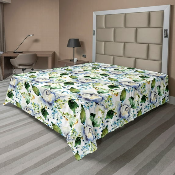 Ambesonne Flowers Flat Bedding Sheet Soft Top Sheet, Bloom of Wild Florets Print, Full, Olive Green Blue and Lavender