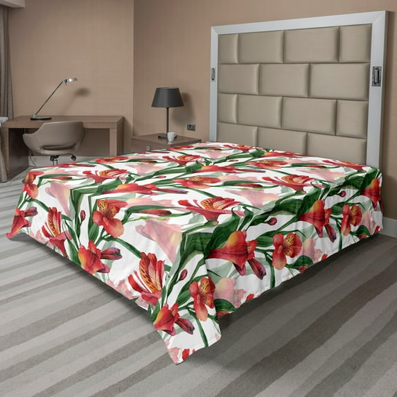 Ambesonne Flowers Flat Bedding Sheet Soft Top Sheet, Peruvian Lily Ornament Art, California King, Dark Coral and Green