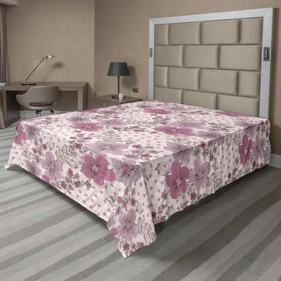 Ambesonne Flowers Flat Bedding Sheet Soft Top Sheet, Romantic Floral and Polka, Queen, Blush Hot Pink White