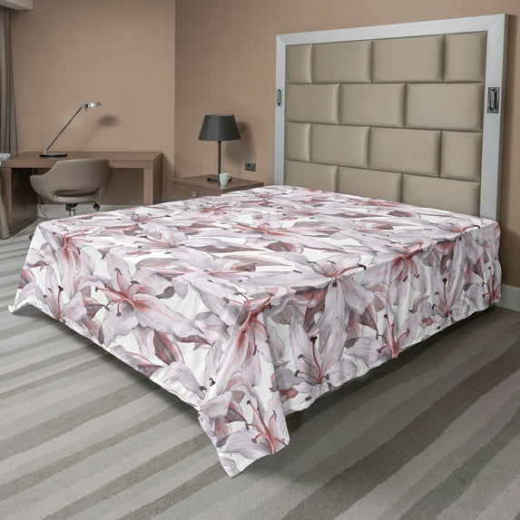 Ambesonne Flowers Flat Bedding Sheet Soft Top Sheet, Soft Lily Ornament Pastel, California King, Coral Pale Mauve and Dimgray