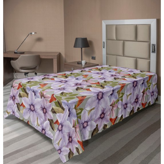 Flowers Flat Sheet, Spring Themed Bold Watercolor Petals Floral Print with Leaves, Soft Comfortable Top Sheet Decorative Bedding 1 Piece, Twin Size, Lavender Pale Sepia and Green, by Ambesonne