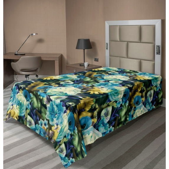 Ambesonne Flowers Flat Bedding Sheet Soft Top Sheet, Floral Botany Pattern Print, Twin XL, Mustard Teal Blue