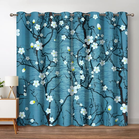 Flowers Floral Blackout Curtains Japanese Cherry Blossom Spring Decor Home Bedroom Living Room Blue Darkening Grommet Window Drapes 2 Panel Set, 52"x84"