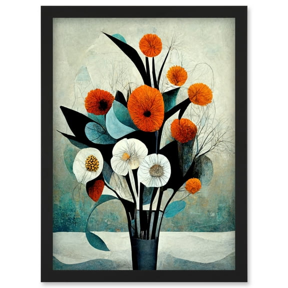 Flowers Floral Display Bouquet Modern Abstract Teal Orange Artwork Framed Wall Art Print A4