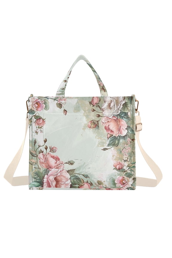 Flowers Floral Frame Corduroy Tote Bag Handbag Large Messenger Bag Shoulder Crossbody Zipper Bag Purse