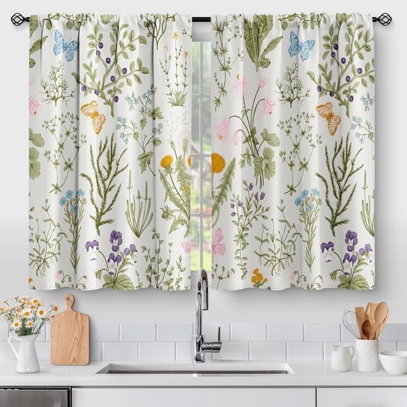 Flowers Floral Kitchen Curtains - Leaves Spring Botanical Small Short Tier Cafe Window Curtains for Bathroom Living RV Room Rod Pocket Window Drapes 36 Inch Length 2 Panels Set 28"x36"