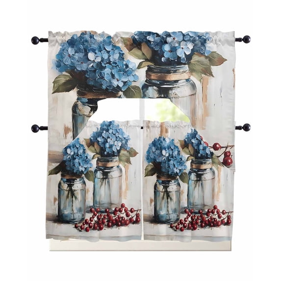 Flowers Floral Kitchen Curtains Swag Valance and Tier Curtains Set 36 Inch Length, Rustic Vintage Hydrangeas Bottle Plant Rod Pocket Drape Panels Pair Swag Curtain for Bathroom/Cafe/Window
