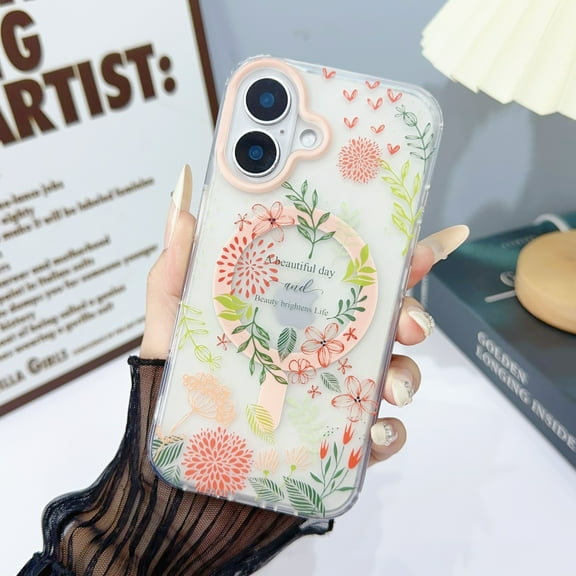 Flowers Floral Pattern Magnetic Case for iPhone 16, Matte Translucent Slim Cover Compatible with MagSafe Wireless Charging, Hybrid Shockproof Case for iPhone 16, Pattern-B
