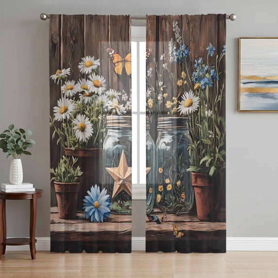 Flowers Floral Sheer Curtains 84 Inch Length 2 Panels Set, Western Texas Star Farmhouse Brown Lodge Voile Window Treatment Rod Pocket Curtains Sheers Drapes for Bedroom/Living Room/Kitchen 52"x84"x2