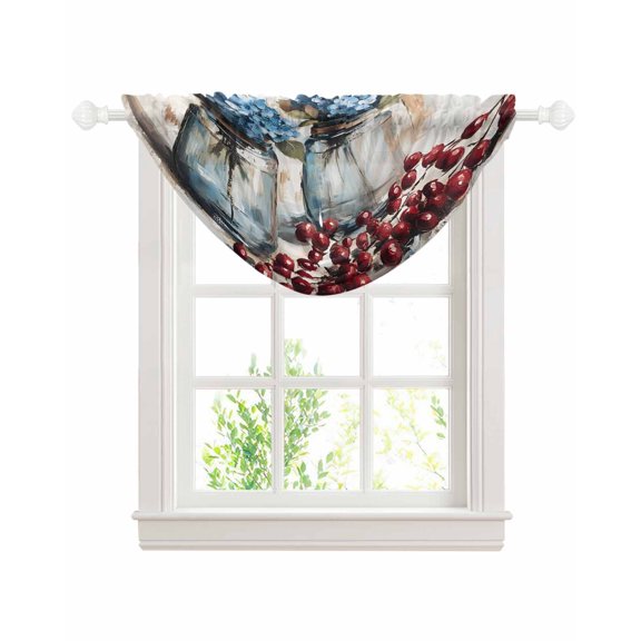 Flowers Floral Sheer Waterfall Valance Curtains for Window, Rustic Vintage Hydrangeas Bottle Plant Rod Pocket Sheer Topper Swag Curtains for Living Room, Kitchen 38.5"W x 47.2"L, 1 Panel