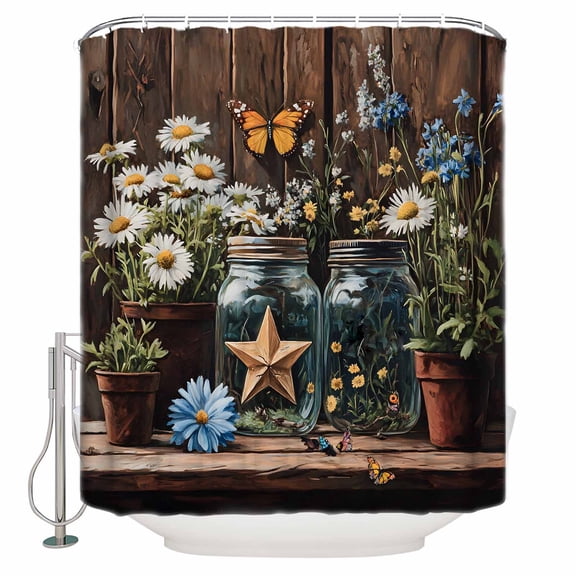 Flowers Floral Shower Curtains for Bathroom Waterproof Fabric Bath Curtains Decor Bath Tub Curtain Western Texas Star Farmhouse Brown Lodge Decorative Shower Curtain Sets with 12 Hooks, 72x72 Inch