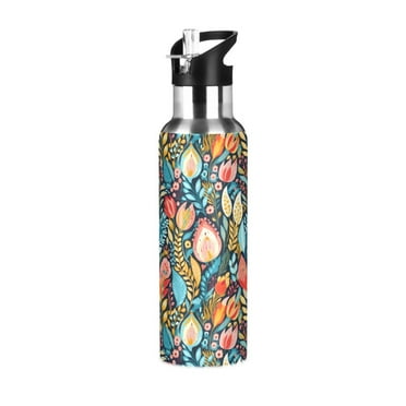 Flowers Floral Water Bottles Insulated Thermos Kids Stainless Steel Bottle with Straw Lid Flask Leakproof for Sports Gym 20 oz