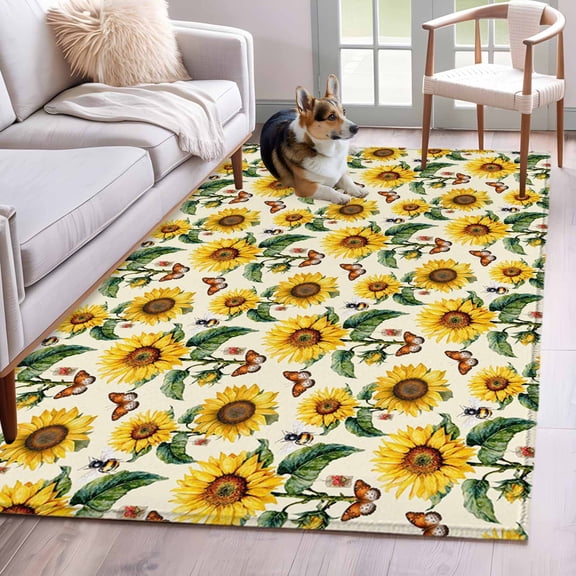 Flowers Flowers 4'x6' Rug for Dining Table for 4 People Under Table, Green Leaf Bee Butterfly Beige Background Non Slip Rectangle Area Rug, Machine Washable Indoor Outdoor Mat