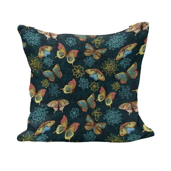 Flowers Fluffy Throw Pillow Cushion Cover, Butterflies and Flowers Springtime Nature Inspired Print Illustration, Decorative Square Accent Pillow Case, 16" x 16", Yellow and Petrol Blue, by Ambesonne