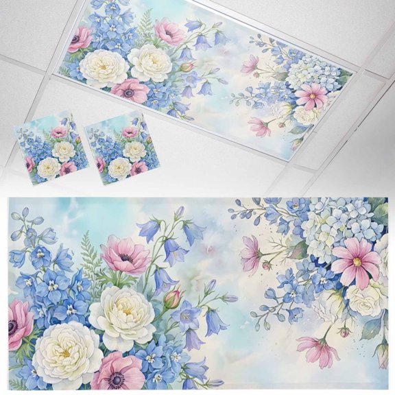 Flowers Fluorescent Light Covers Spring Watercolor Blue Pink Floral Gradient Blue Yellow Magnetic Light Filters Ceiling Lighting Panel Shade for Classroom Office Home 2 x 4 ft, 2 Pack
