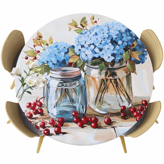 Flowers Fruit Round Tablecloth 36-44 Inch Round Fitted Table Cloth with Elastic Edge, Blue Hydrangeas Vintage Farm Leaves Waterproof Table Cover Protector for Outdoor Picnic Party Dining
